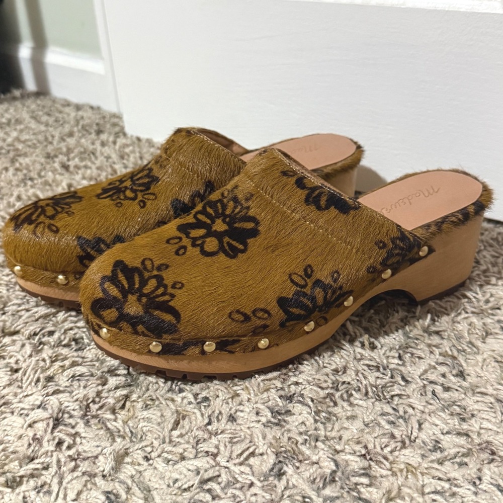 Madewell y2k 70's Women Brown Floral Calf Hair Wood Platform Studded Clog Size 7
